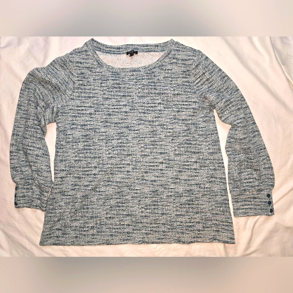 Talbots Sweater Blue Green Marled Stripe Button Cuff Puff Sleeve Size 1x